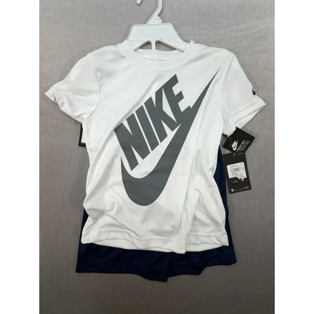 New Nike Kids Boys Two Piece Outfit Shirt Shorts White Navy Size 7